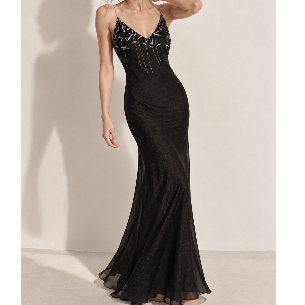 NWT Y2K Black Silver Maxi Prom Dress Beaded L Whimsigoth Tattoo Vamp Gothic